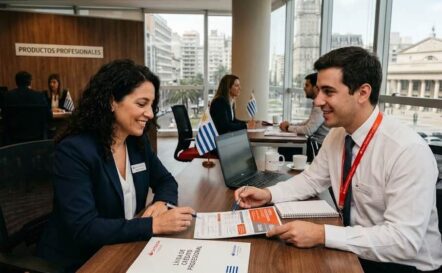 Profesional uruguayo consultando el Préstamo Profesionales BBVA en una sucursal