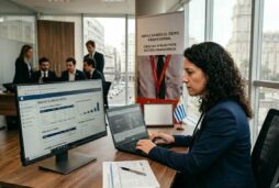 Cliente firmando el contrato del Préstamo Profesionales BBVA en una sucursal de Uruguay