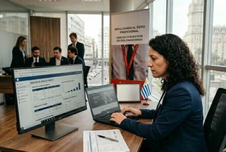 Cliente firmando el contrato del Préstamo Profesionales BBVA en una sucursal de Uruguay