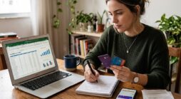 Pessoa segurando dois cartões de crédito coloridos sobre nota fiscal de supermercado, ilustrando estratégia de cashback por categoria de gasto