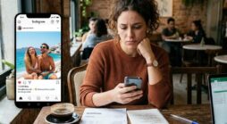 Mulher rolando o feed do celular, com expressão de frustração