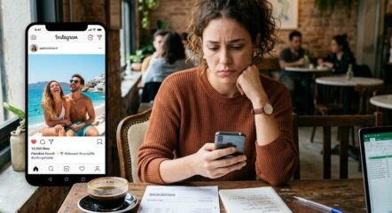 Mulher rolando o feed do celular, com expressão de frustração