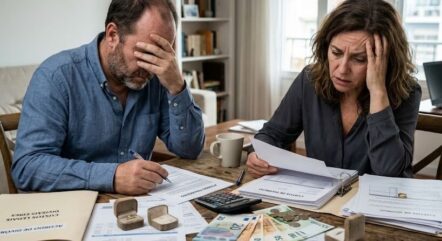 Divórcio e dinheiro: documentos financeiros e calculadora sobre a mesa durante a partilha de bens