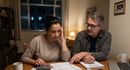 Casal organizando as finanças na crise com calculadora, extrato e contas sobre a mesa