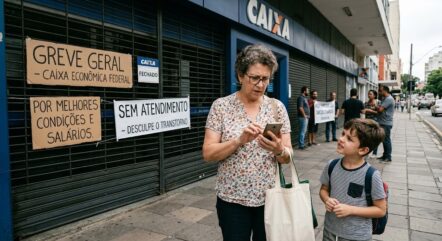 Greve da Caixa: senhora usando o app no celular em frente a uma agência fechada