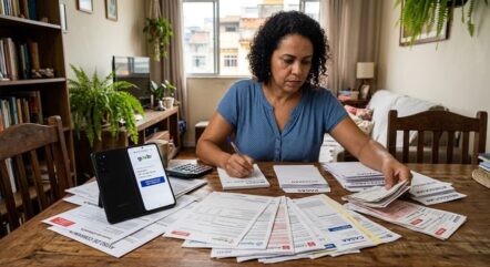 Desenrola Brasil 3.0: pessoa organizando contas antigas em atraso sobre a mesa, com o celular aberto na consulta do CPF