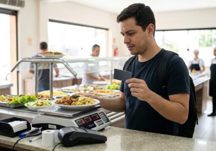 trabalhador pagando o almoço com cartão de benefício após as novas regras do vale-refeição