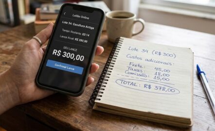 elular com lance de R$ 300 e conta no papel ao lado, simulando o custo total de um leilão da Receita Federal