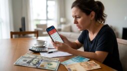 Alta do dólar: mulher confere a fatura do cartão no celular ao lado de notas de dólar e real