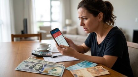 Alta do dólar: mulher confere a fatura do cartão no celular ao lado de notas de dólar e real