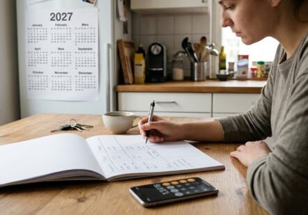 pessoa montando o planejamento financeiro para 2027 em três cenários no caderno
