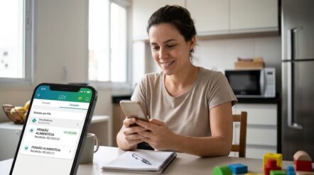 Pensão descontada da conta: mãe confere no celular a transferência da pensão alimentícia