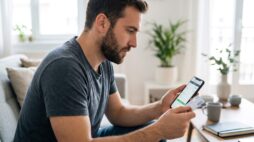 Compra internacional no cartão: homem paga compra em site estrangeiro pelo celular com o cartão na mão