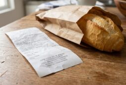 cupom fiscal de mercado ao lado de um pão francês mostrando o imposto sobre consumo embutido no preço